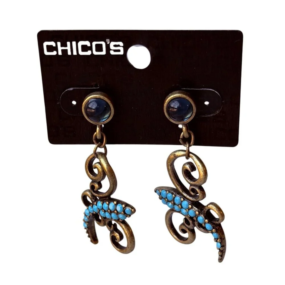 Vintage Y2K Chico’s Turquoise Brass Scroll Drop Earrings with Blue Stone Accents - Picture 2 of 7